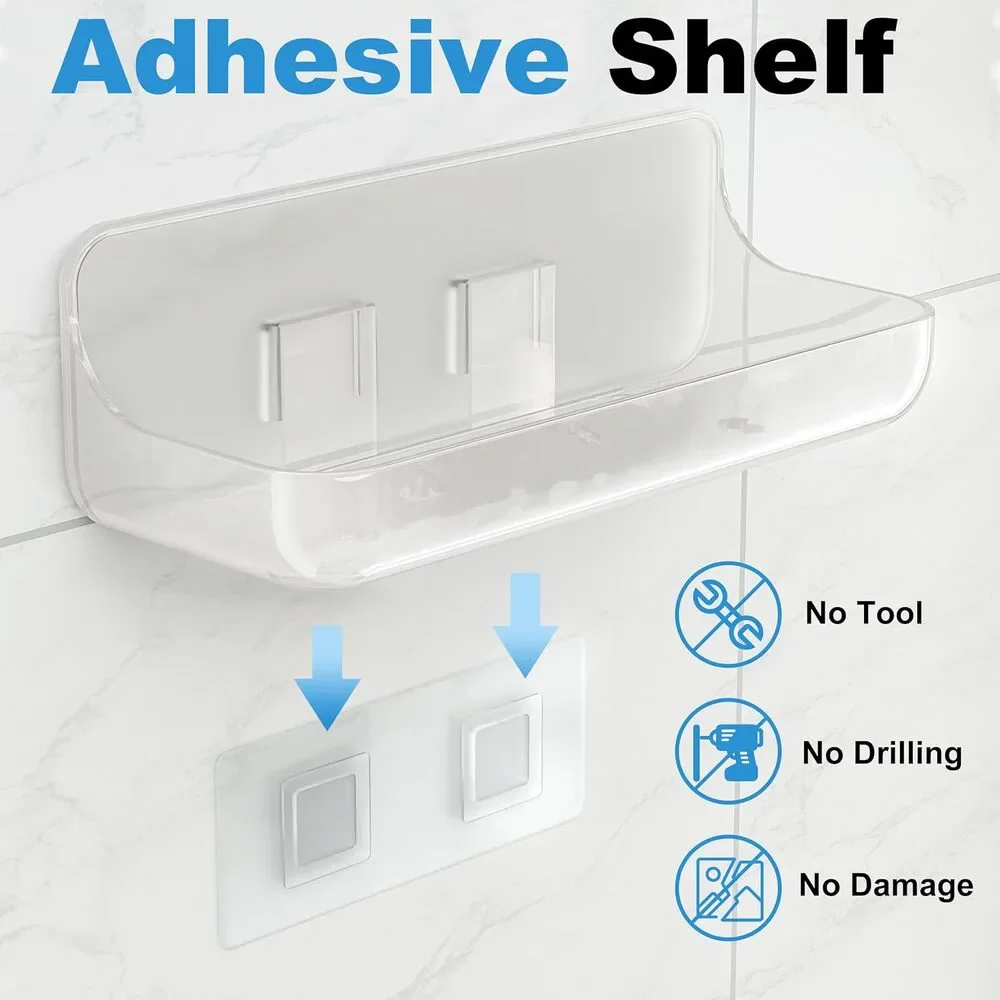 Adhesive Shower Caddy 4 Pack Acrylic Bathroom Shelves No Drill Wall Mount